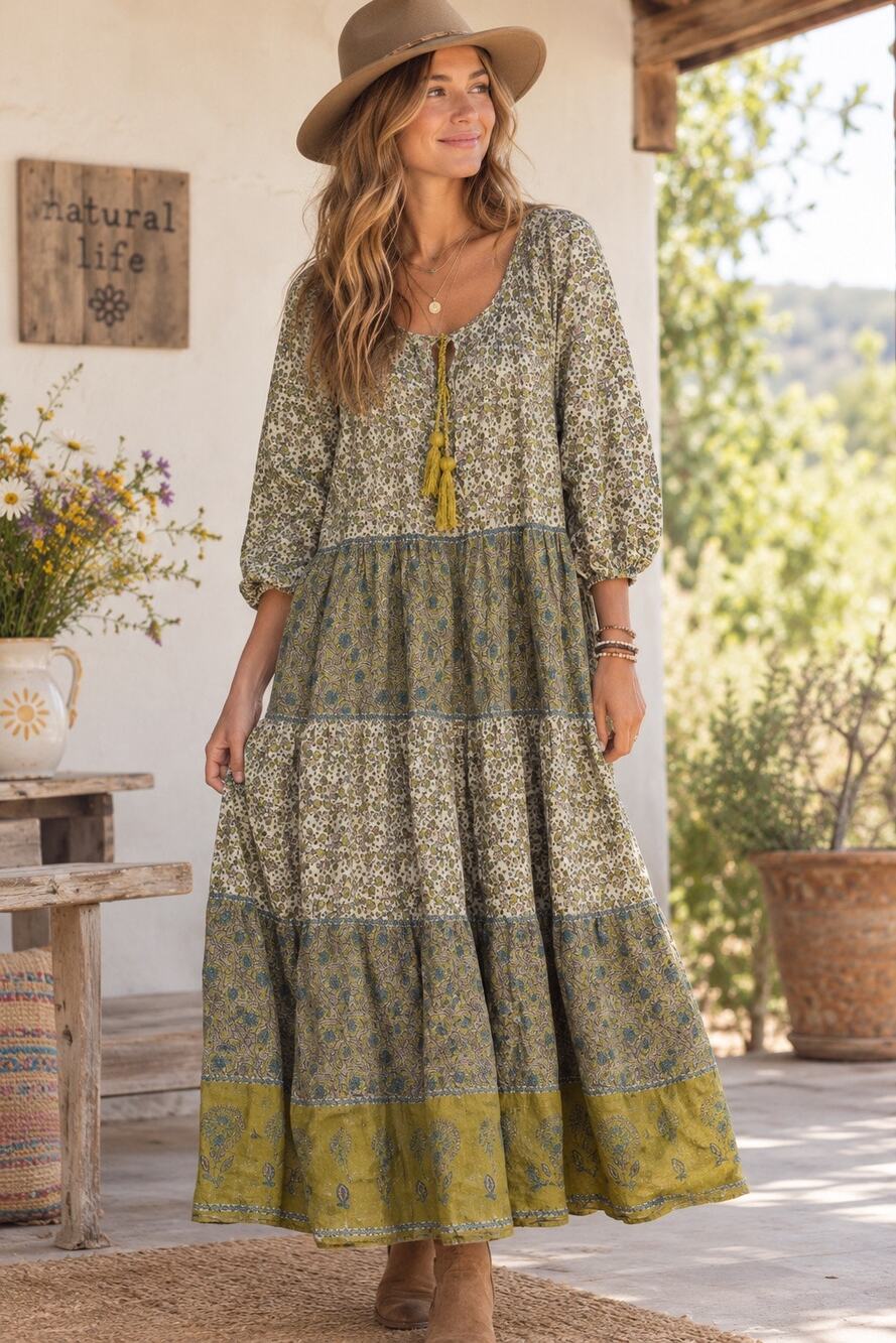 Natural Life Auguste Boho Maxi Dress size Large with tassels green and cream